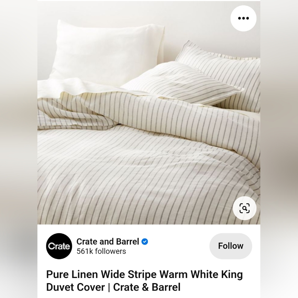 Crate&Barrel Pure Linen Wide Stripe Warm White King Duvet Cover + 2 King Shams